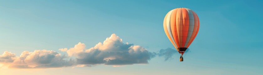 Fototapeta premium A colorful hot air balloon floats against a bright blue sky with fluffy clouds, evoking a sense of adventure and serenity.
