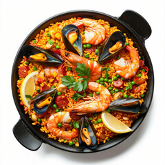 A classic Spanish paella, with saffron rice, shrimp, mussels, and chorizo, garnished with lemon wedges, isolated on white background.