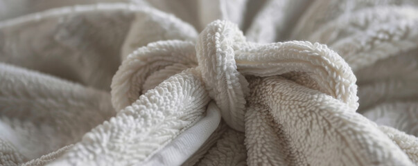 A close-up of a beautifully tied robe knot in a plush, white bathrobe. The soft texture and elegant knot create a feeling of comfort and luxury.