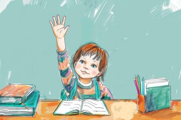 A young child enthusiastically raises their hand to answer a question in a lively classroom setting. The student's face is filled with excitement and anticipation.