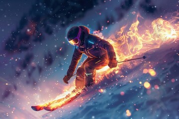 Naklejka premium A glowing skier racing downhill with dynamic light effects, highlighting the thrill and skill of the sport Set against a dark background, suitable for winter sports promotions