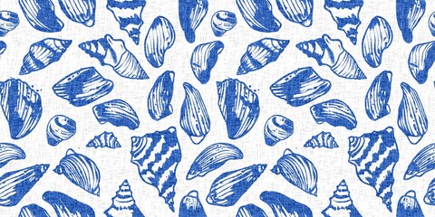 Azure blue white shell motif with linen seamless batik border background. Modern coastal beach cottage rustic shell block print home decor pattern design in sealife beach banner style. 