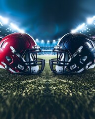 American football helmets facing each other on football field with stadium lights. Sports background 