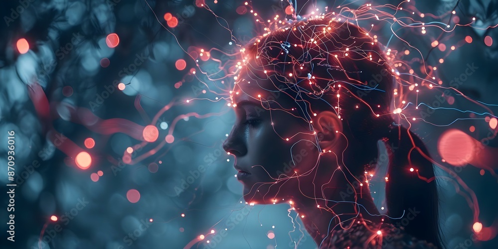 Aufkleber explore brain activity with shining plexus lines illuminating the frontal lobe. concept neuroscience