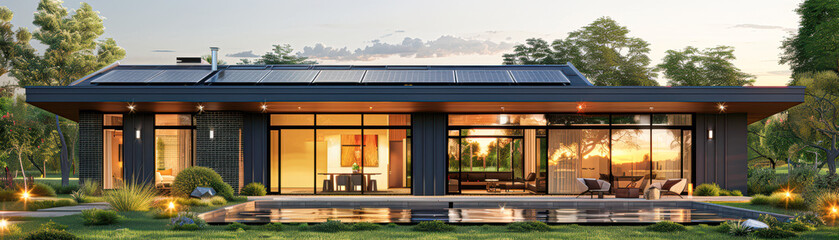 Obraz premium Eco-Friendly Modern Home with Solar Panels and Battery Storage Embracing Sustainable Living
