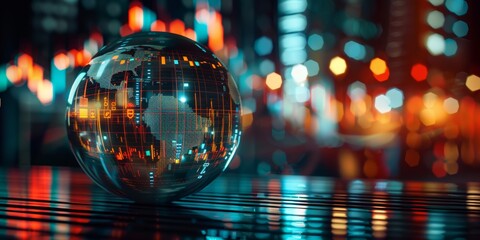Conceptual image of a crystal ball with cryptocurrency market predictions and digital graphs inside, representing the speculative and predictive nature of the cryptocurrency market