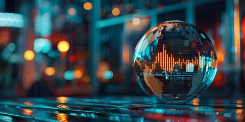 Conceptual image of a crystal ball with cryptocurrency market predictions and digital graphs inside, representing the speculative and predictive nature of the cryptocurrency market