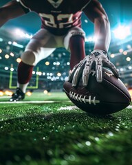 Close-up on American football player is getting ready to kick held by a hand ball, view from grass level, 