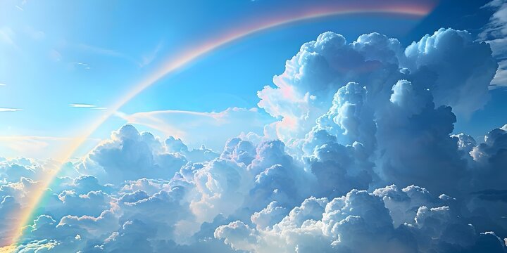 Surreal ultrahigh definition CG rendering of layered blue cumulus clouds and rainbows. Concept CG Rendering, Surreal, Ultrahigh Definition, Blue Cumulus Clouds, Rainbows