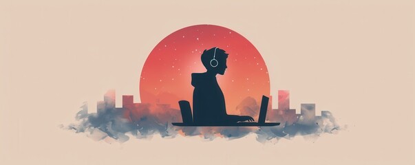 AI creating music, generative process, flat design illustration