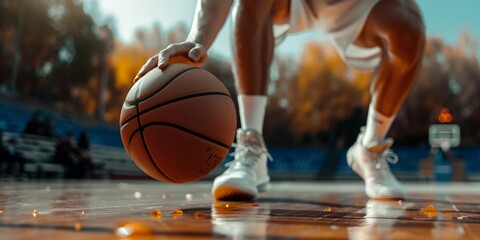 Basketball player dribbling the ball, close-up of the ball
