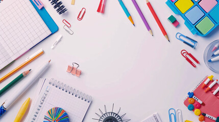 School stationery on white background, flat lay, back to school concept.