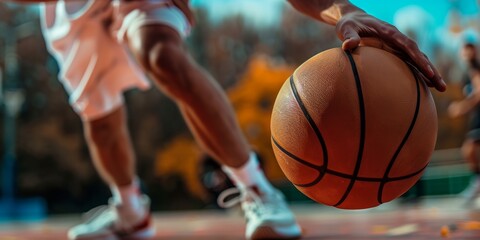Basketball player dribbling the ball, close-up of the ball