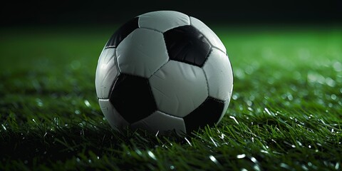 a soccer ball on an artificial turf in a dark studio background 