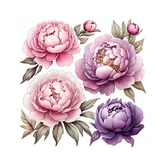 Watercolor beautiful peonies flowers