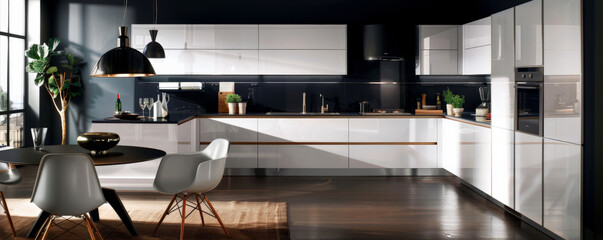 A contemporary kitchen with sleek, white cabinets and a dark gray wall. The dark background adds contrast and highlights the modern design elements.