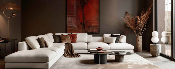 A contemporary living area with a sectional sofa and modern decor, positioned against a dark brown wall. The dark background adds warmth and sophistication to the space.