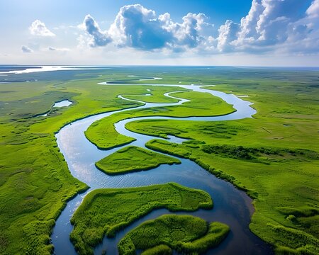 Aerial view of a lush green salt marsh with winding tidal streams and copy space for nature  environment and ecology concepts