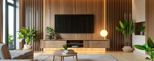 A contemporary wooden living room with a stylish entertainment center, flat-screen TV, and cozy seating. Warm wooden textures, clean lines, and indoor plants for a fresh look.