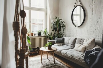 A minimalist room with empty walls featuring an armchair and side table in light blue color on the left of the frame. 