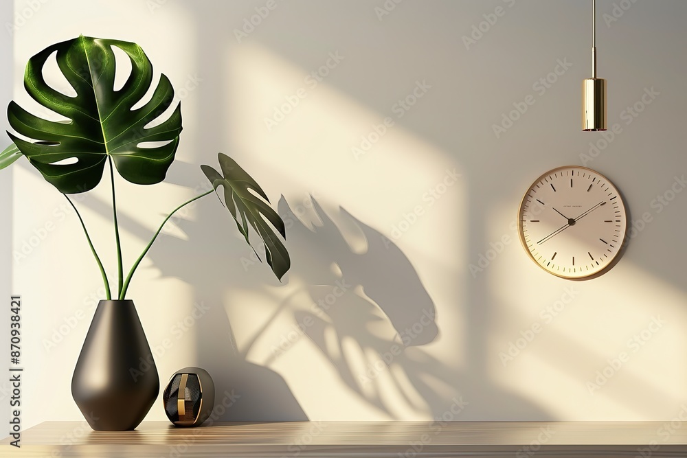 Poster a minimalist room with empty walls featuring an armchair and side table in light blue color on the l