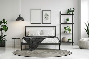 A modern bedroom with white walls, light wood flooring and large windows overlooking the garden. The bed is made of gray fabric and has black pillows