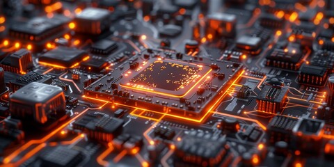 Ai chips CPU, processor computing, orange led lighting, futuristic technology 