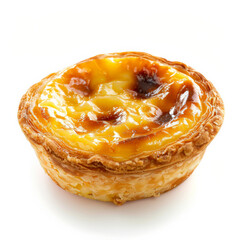 A delicious Portuguese pastel de nata, a custard tart with a crispy, flaky crust, isolated on white background.