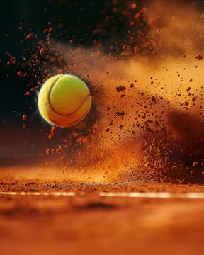 Poster style close up on a tennis ball bouncing on the clay, ocher powder and particles. Flyer Banner background with copy space
