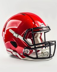 Fototapeta premium Left side red football helmet against a plain white backdrop. With black metal protective cage