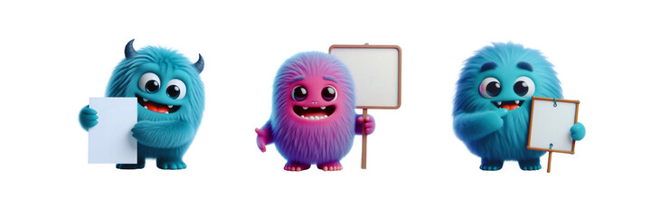 Fototapeta premium 3D Cute Fluffy Monsters Holding Blank Signs, Halloween Day special set of against Transparent background