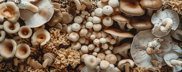 Fototapeta premium A dense cluster of various mushrooms in shades of brown and beige, creating a rich and textured background. The diversity in shapes and sizes adds visual interest and complexity.