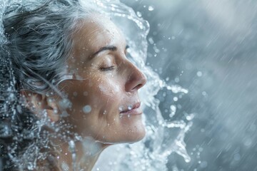 Obraz premium skin care senior woman face from profile standing in splash of fresh water. ai generative