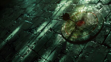 Dart Piercing Through a Dynamic,Dramatically Colored Painted Scene with Ancient Castle Ruins Backdrop