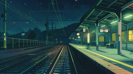 A quiet anime-style train station platform at night, with soft, muted colors and a nostalgic ambiance