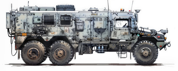 Obraz premium A detailed drawing of a combat support vehicle, featuring its repair tools, communication equipment, and armor protection. The white background emphasizes the vehicle's utility and design.