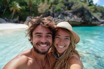 Obraz premium smiling couple taking a selfie on vacation on tropical island. ai generative