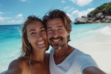 Fototapeta premium smiling couple taking a selfie on vacation on tropical island. ai generative