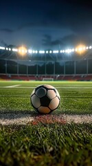 Soccer ball at the corner flag on a field, ready for a corner kick, with stadium lights illuminating the scene