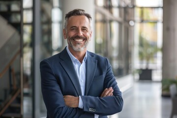 smiling mid aged business man executive standing in office, mature confident professional manager. ai generative
