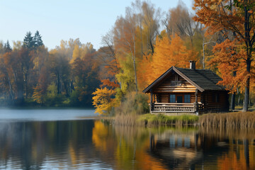 Log cabin by the lake in the woods, water reflections in fall, secluded lake house getaway