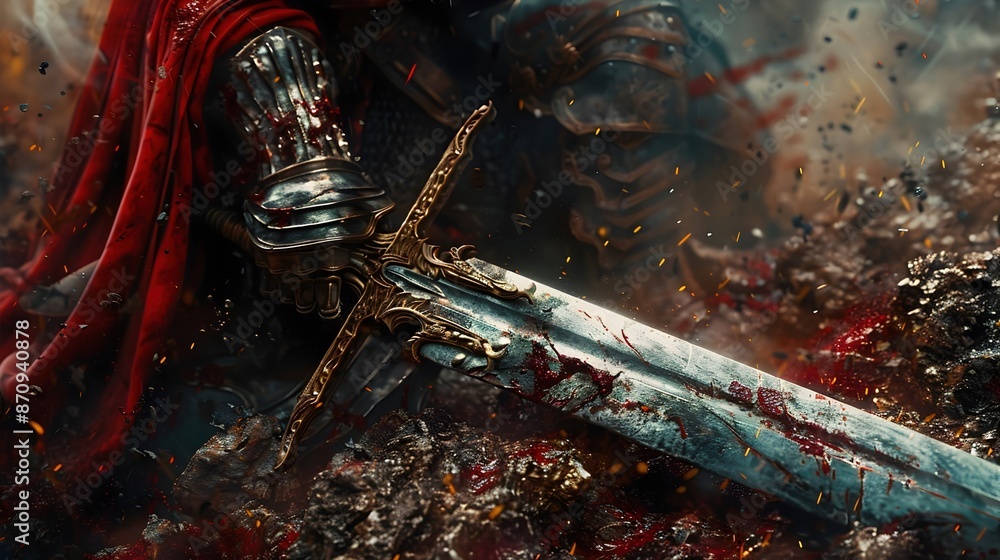 Wall mural Fallen Warrior Clutching a Shattered Sword Amidst a Desolate,War-Torn Battlefield