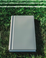Photo of a book mockup, the book cover is blank, the background is a football field, seen from below with the cover in the foreground, mockup