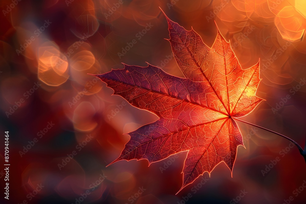 Poster Intricately Detailed Crimson and Amber Maple Leaf Backlit by Warm Sunlight in Painterly Woodland Scene