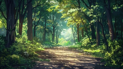 Fototapeta premium A serene anime-style forest path with dappled sunlight filtering through the trees, creating a peaceful, lo-fi ambiance