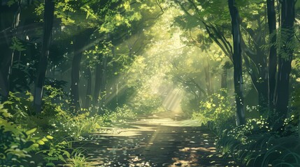 Obraz premium A serene anime-style forest path with dappled sunlight filtering through the trees, creating a peaceful, lo-fi ambiance