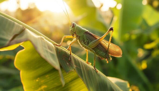 AI generator image of 
leaping chirping insect and Farmers are catching a lot of locusts. that clings to banana tree leaves, a large grasshopper farm