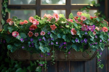 Fototapeta premium Lush,Overflowing Window Planters with Vibrant Trailing Vines,Leaves,and Blooms in Warm Natural Light
