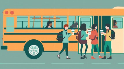 Students boarding a school bus, illustration.