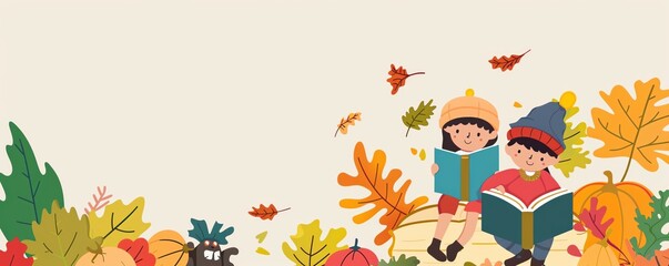 Cute illustration of children reading books in an autumnal setting.
